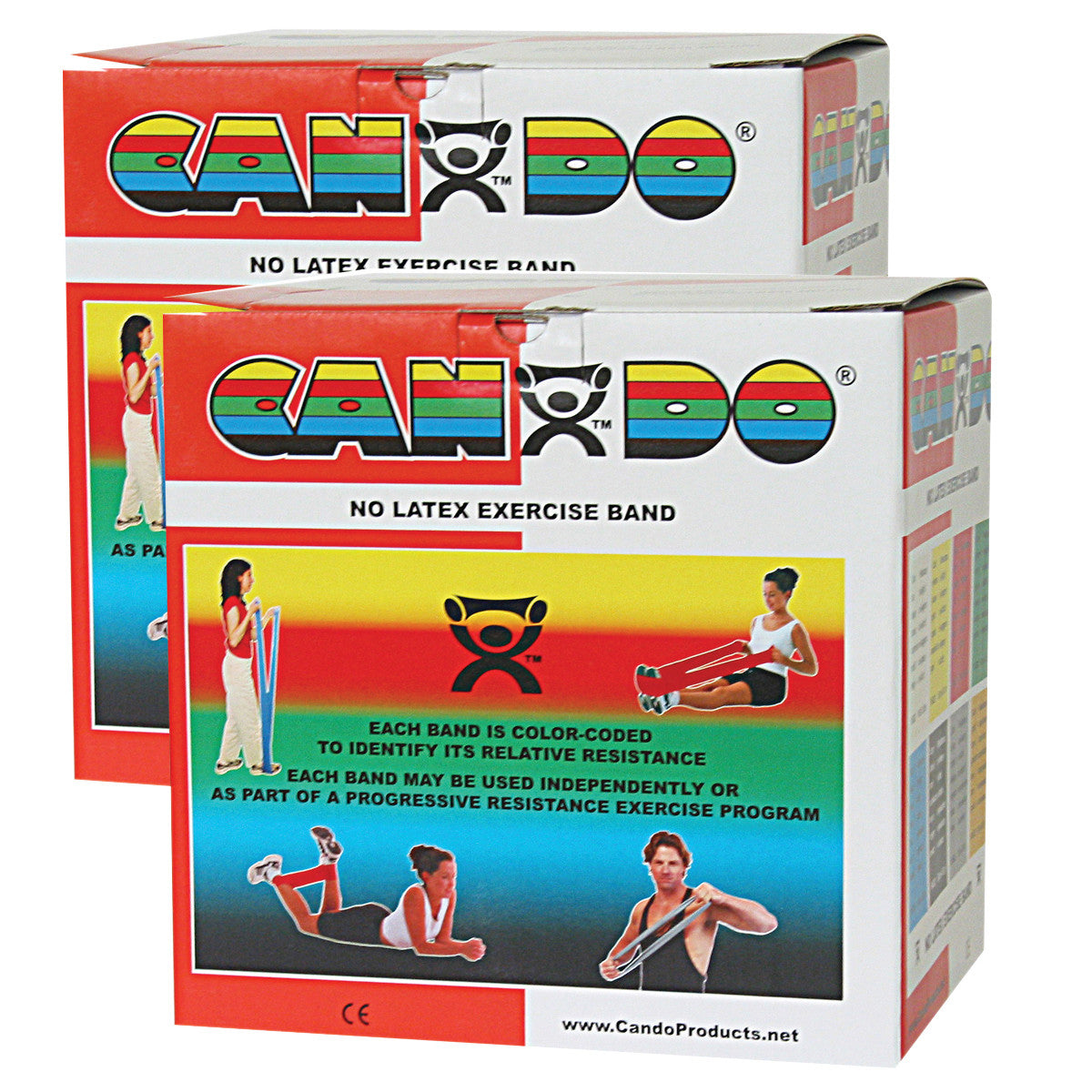 Box packaging for CanDo Non-Latex Exercise Band, featuring colorful branding and images of people using resistance bands.