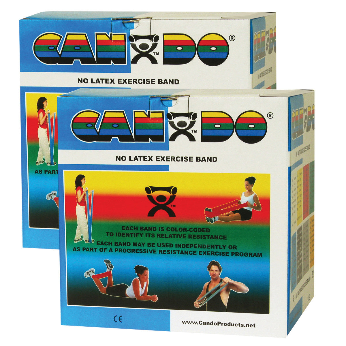 Two boxes of CanDo Non-Latex Exercise Bands feature colorful images of exercise poses and color-coded resistance information.