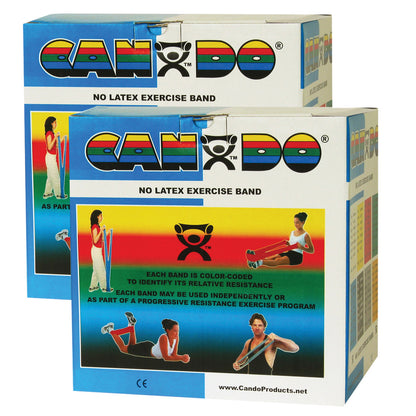 Two boxes of CanDo Non-Latex Exercise Bands feature colorful images of exercise poses and color-coded resistance information.