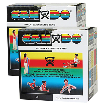 Two boxes of CanDo Non-Latex Exercise Bands feature colorful branding and images of people using the bands for workouts.