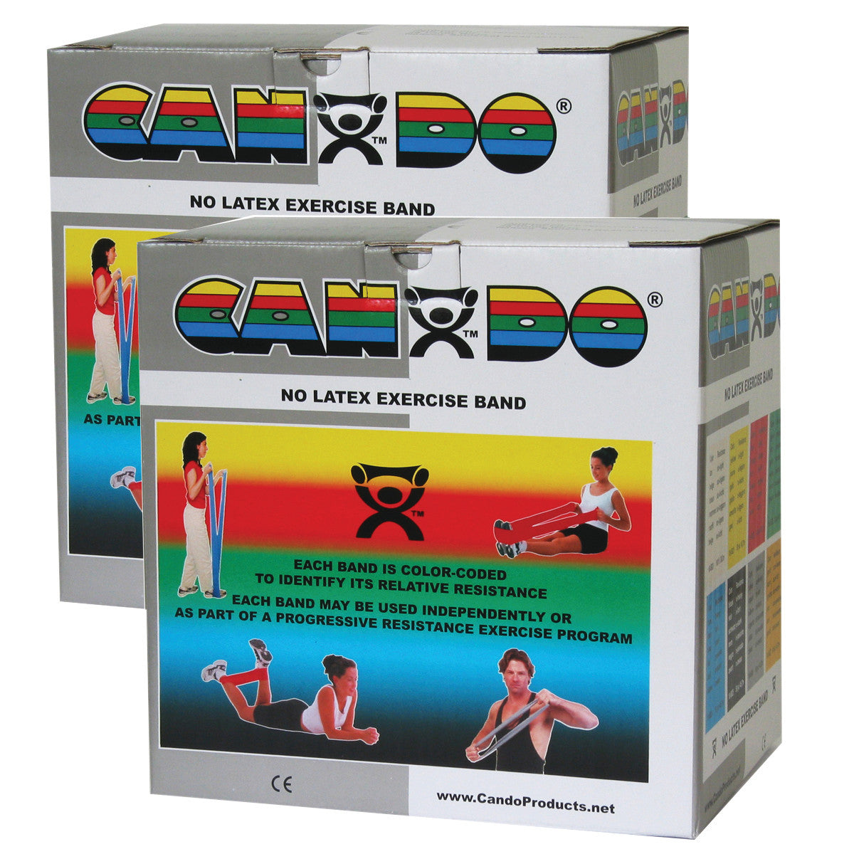 Two boxes of CanDo Non-Latex Exercise Bands with images showing different exercises and color-coded resistance levels.