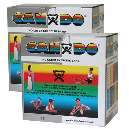 Two boxes of CanDo Non-Latex Exercise Bands with images showing different exercises and color-coded resistance levels.