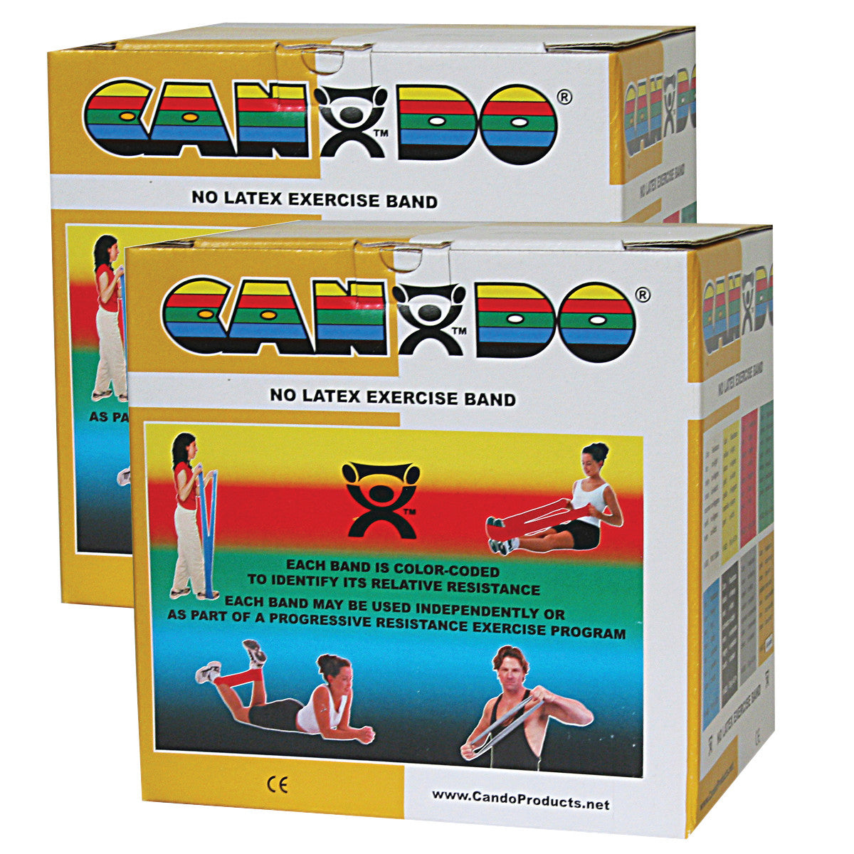 Two boxes of CanDo Non-Latex Exercise Bands, featuring images of exercises and text about color-coded resistance levels.