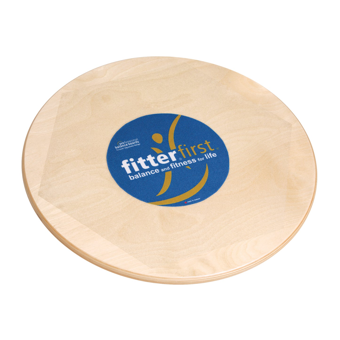 The Fitterfirst Professional Balance Board is a round wooden board with a blue logo promoting balance and fitness.