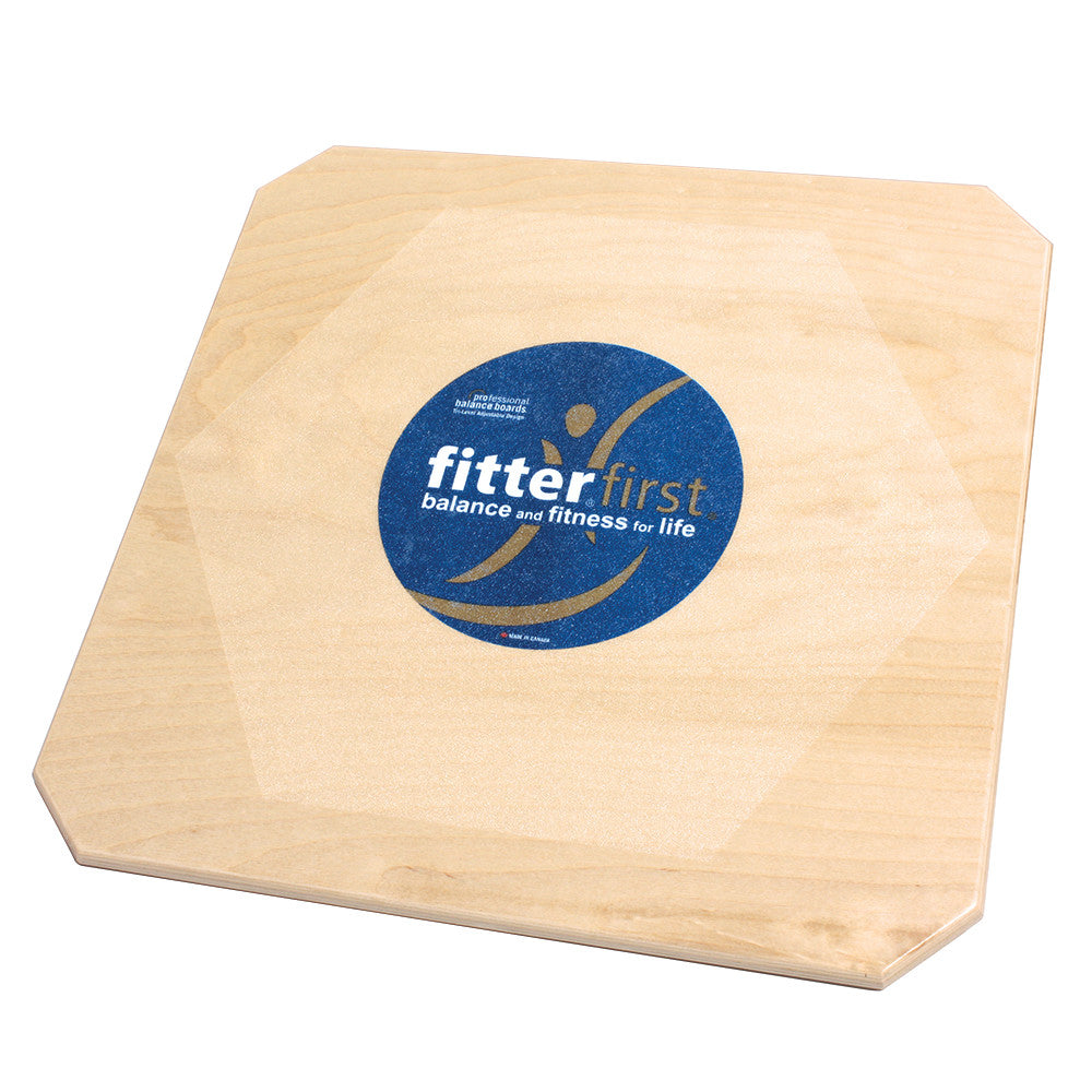 A wooden Fitterfirst Professional Balance Board with a blue circular logo in the center, emphasizing balance and fitness.