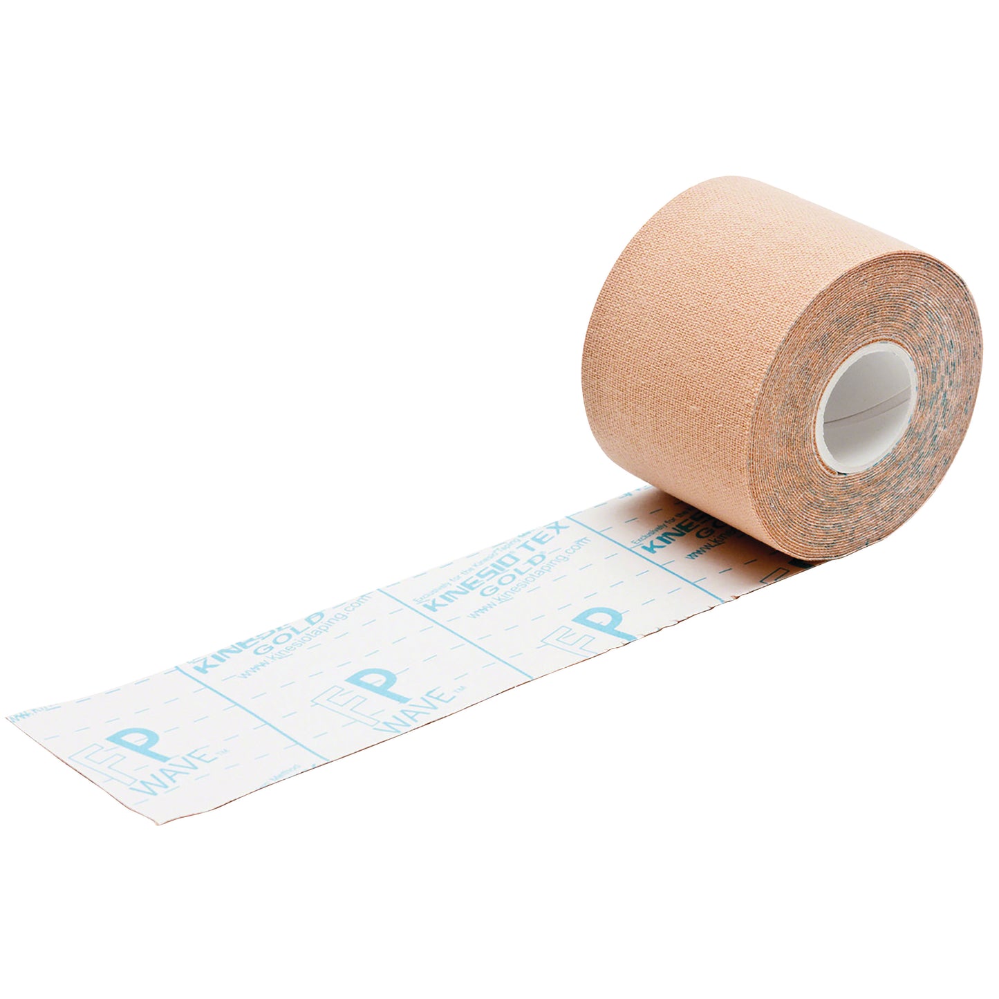 A roll of Kinesio Tex Gold FP Tape, extended with beige tape on top of labeled backing paper, shown in a diagonal view.