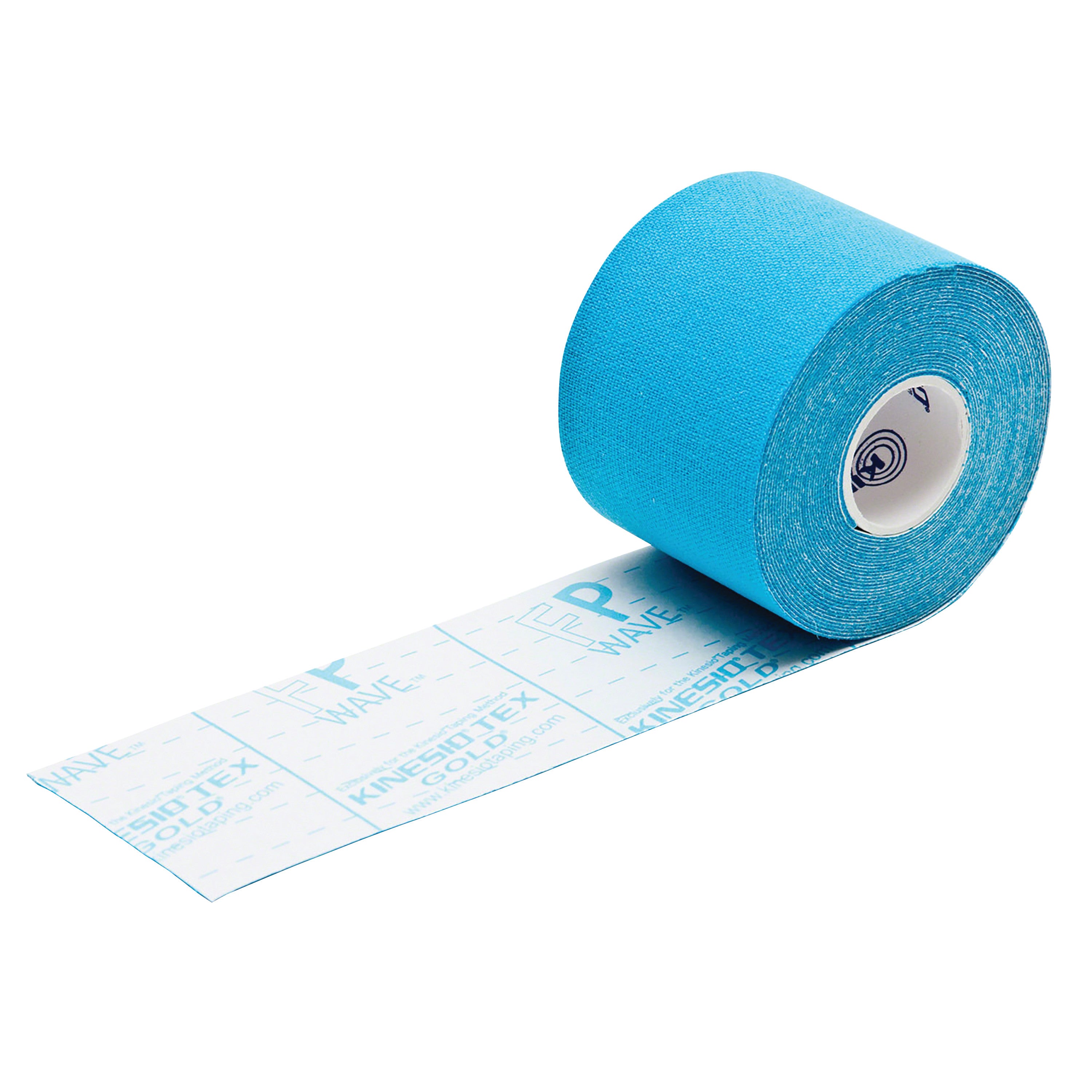 A roll of blue Kinesio Tex Gold FP Tape is shown, partially unrolled, with graphical markings and text on the backing paper.