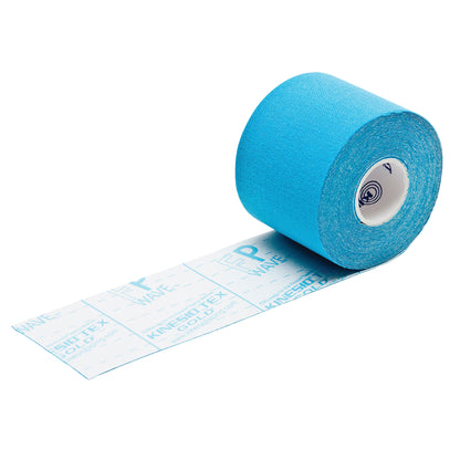 A roll of blue Kinesio Tex Gold FP Tape is shown, partially unrolled, with graphical markings and text on the backing paper.