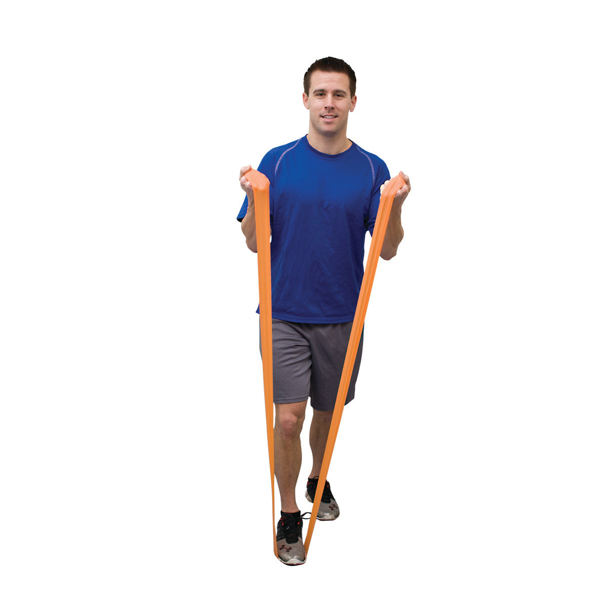 A man exercises with the CanDo Val-U-Band Latex Exercise Band, holding it in both hands. He wears a blue shirt and gray shorts.
