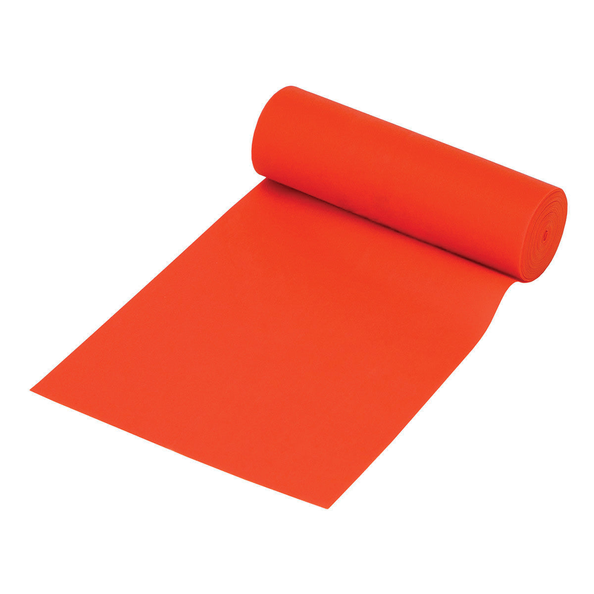 Roll of orange CanDo Val-U-Band Latex Exercise Band partially unrolled on a white background.