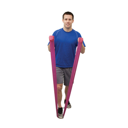 A person uses the CanDo Val-U-Band Latex Exercise Band Set, holding a pink resistance band while standing on it.
