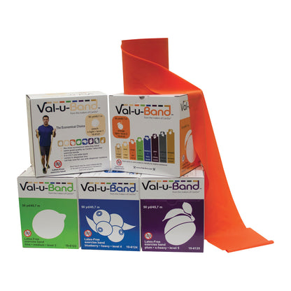 Boxes of CanDo Val-U-Band Non-Latex Exercise Band Set are displayed, with an orange exercise band partially extended.