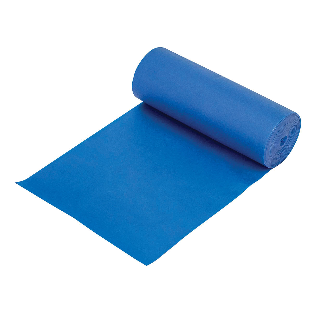A blue CanDo Val-U-Band Non-Latex Exercise Band is partially unrolled on a white background.