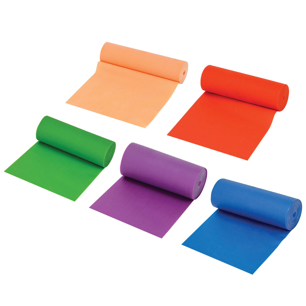 Five rolled-out CanDo Val-U-Band Non-Latex Exercise Bands in orange, red, green, purple, and blue are displayed.
