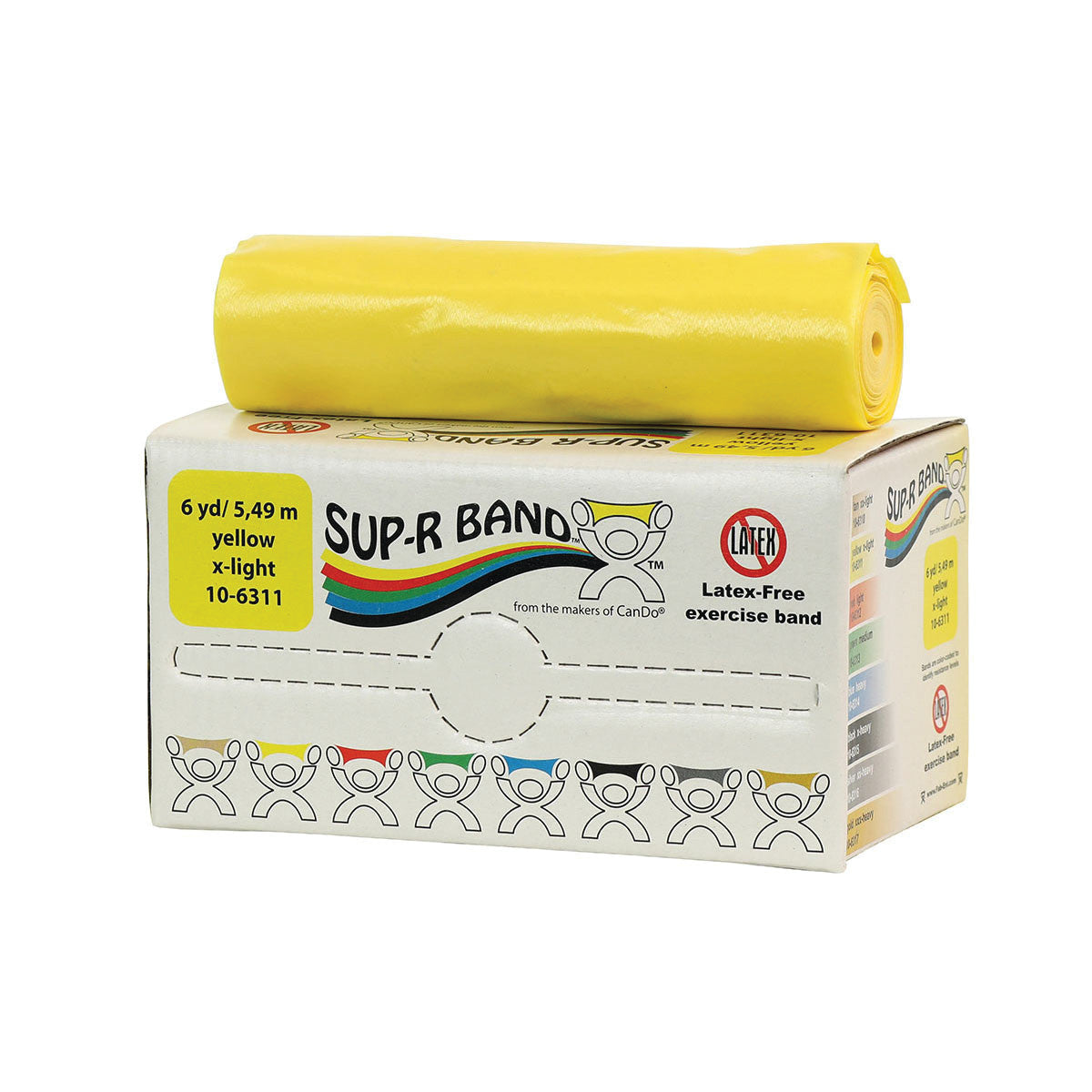 A yellow CanDo Sup-R Band Non-Latex Exercise Band is rolled on top of its cardboard box. The label indicates "x-light" resistance.