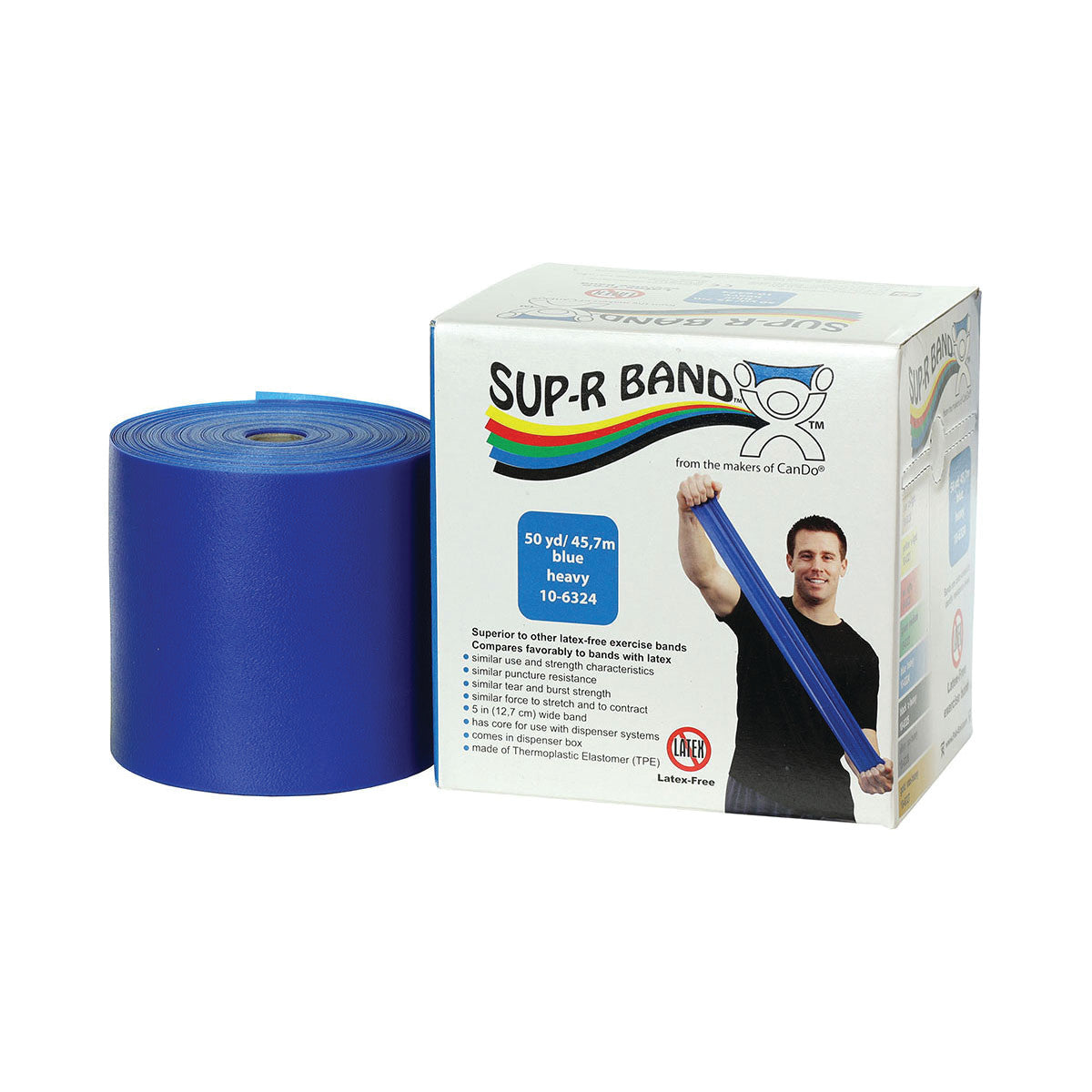 Blue CanDo Sup-R Band Non-Latex Exercise Band roll next to its box, featuring product information and a person using the band.