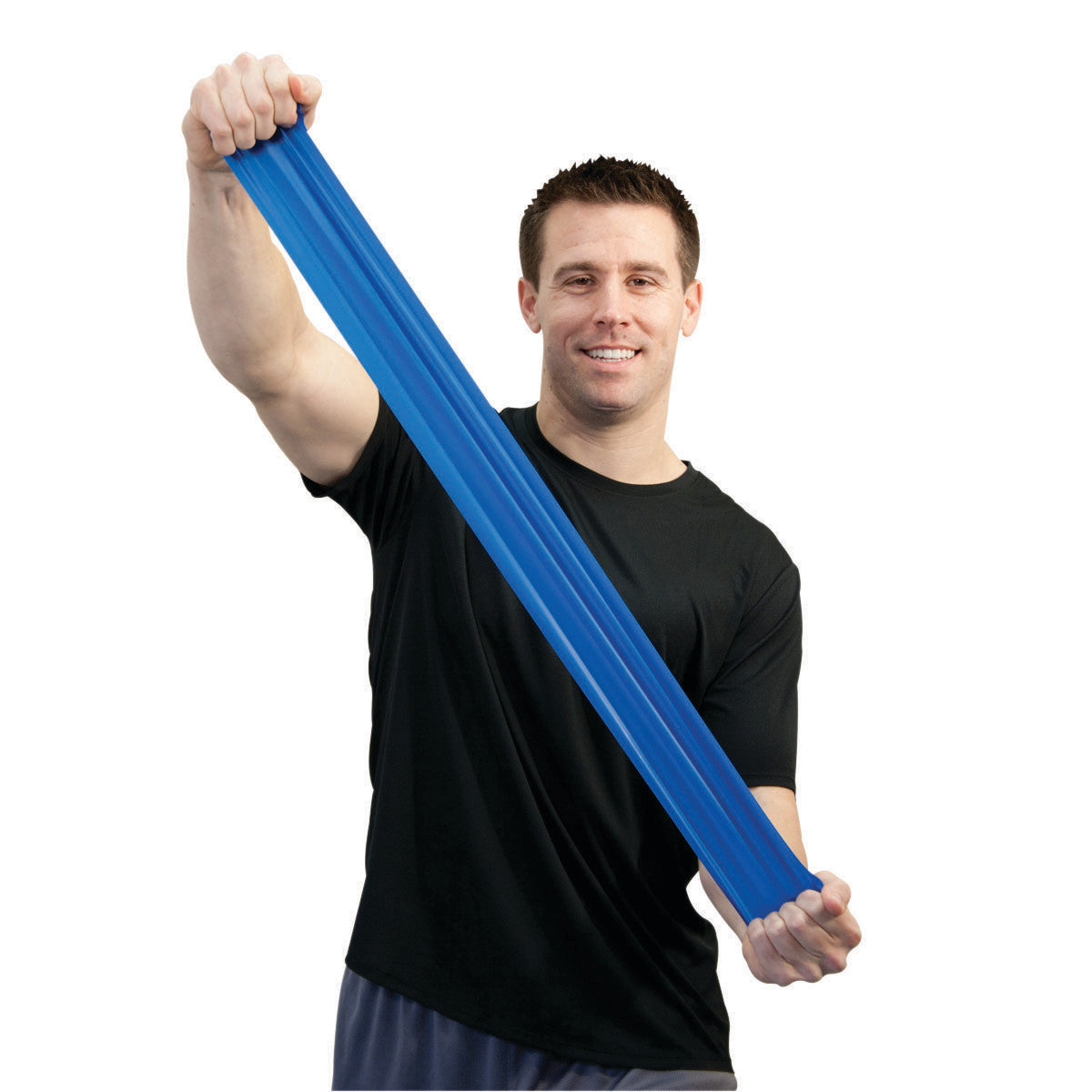 A person stretches the blue CanDo Sup-R Band Non-Latex Exercise Band while smiling, wearing a black shirt.