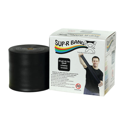 Roll of black CanDo Sup-R Band Non-Latex Exercise Band, X-Heavy, 50 yd, with packaging showing a person using the band.