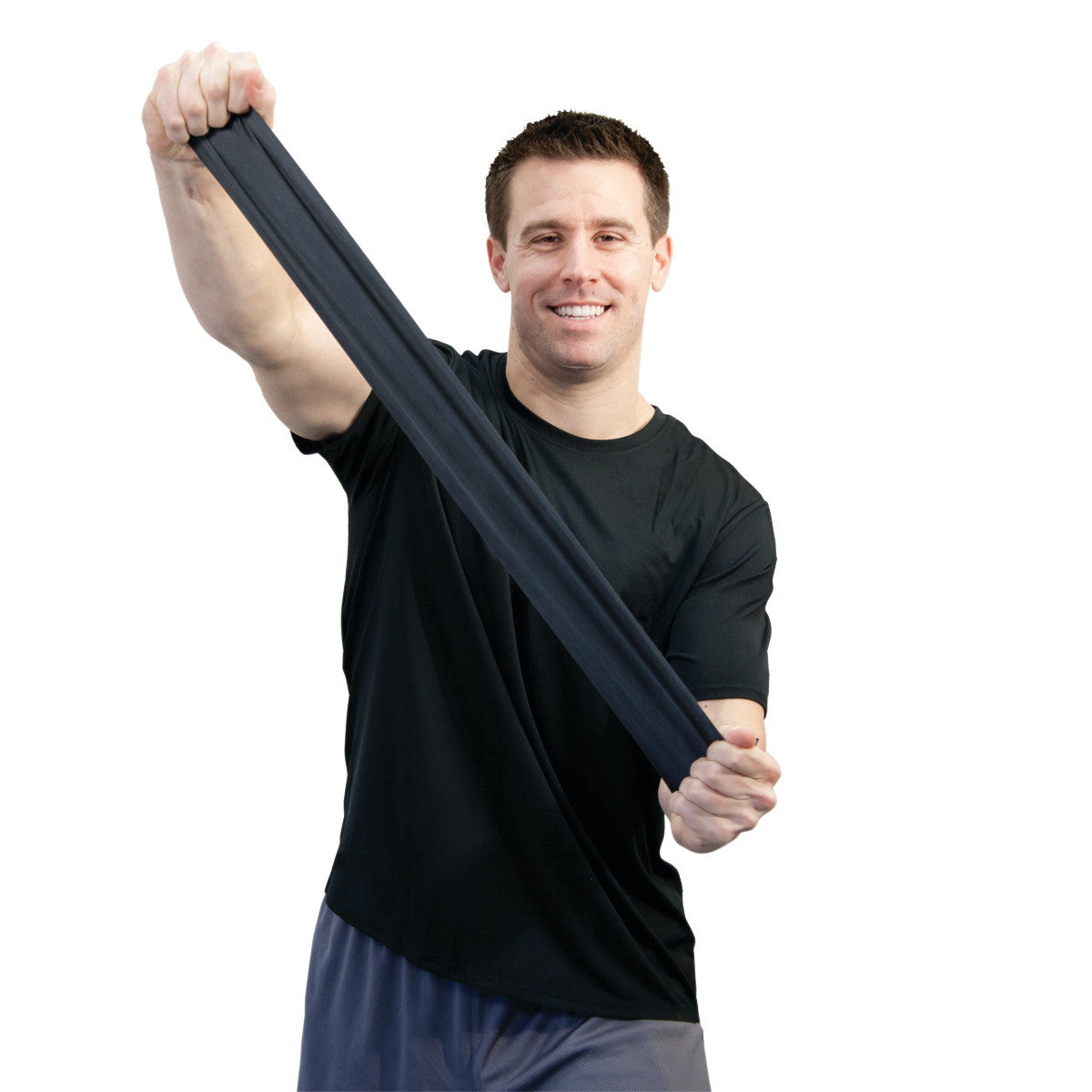 A person stretches a CanDo Sup-R Band Non-Latex Exercise Band. The black band is held diagonally against a white background.