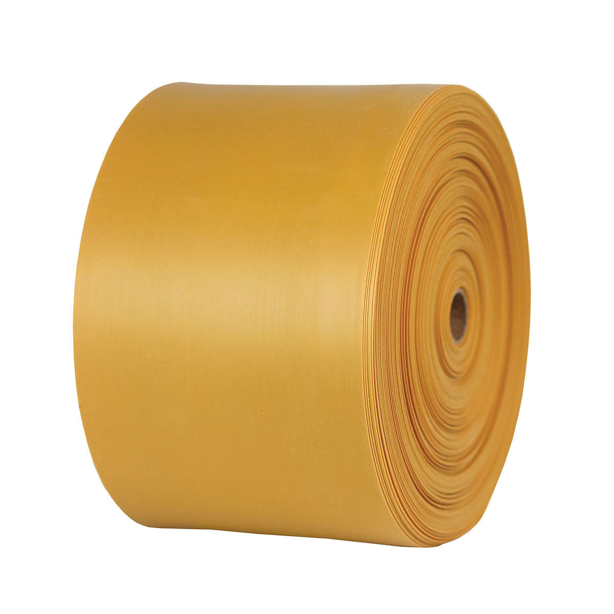 A large roll of CanDo Sup-R Band Non-Latex Exercise Band in golden color, isolated on a white background.