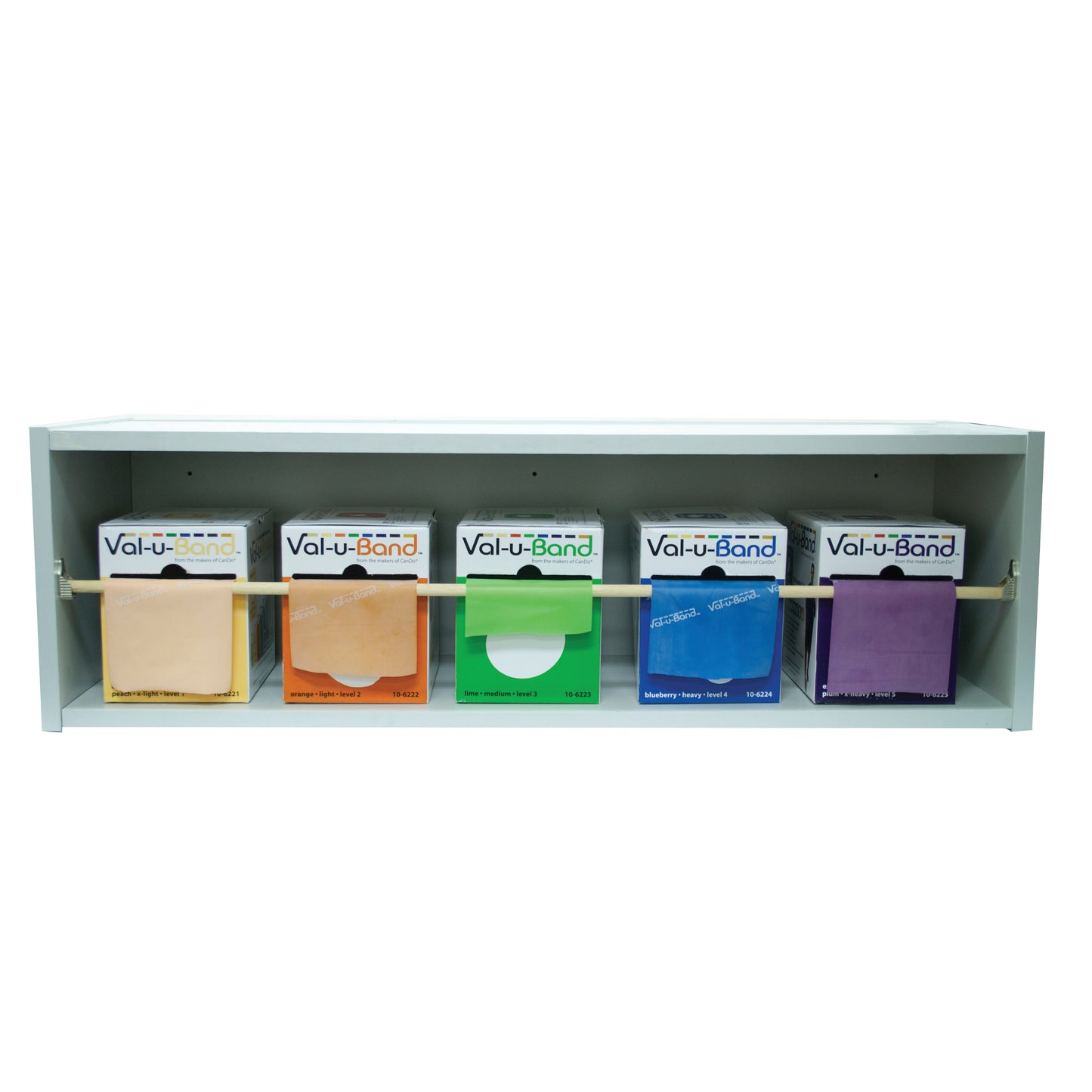 Shelf holding five boxes of CanDo Val-U-Band Latex Exercise Bands, each in different colors, with a dispenser rack.