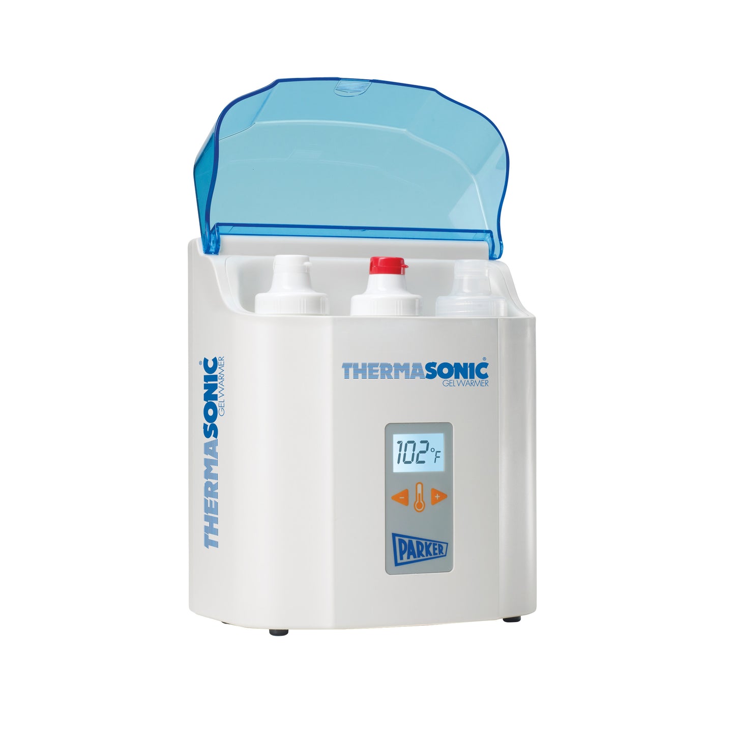 Parker Labs THERMASONIC Gel Warmer with three bottles. A digital display shows 102�F. Blue-tinted lid is open.