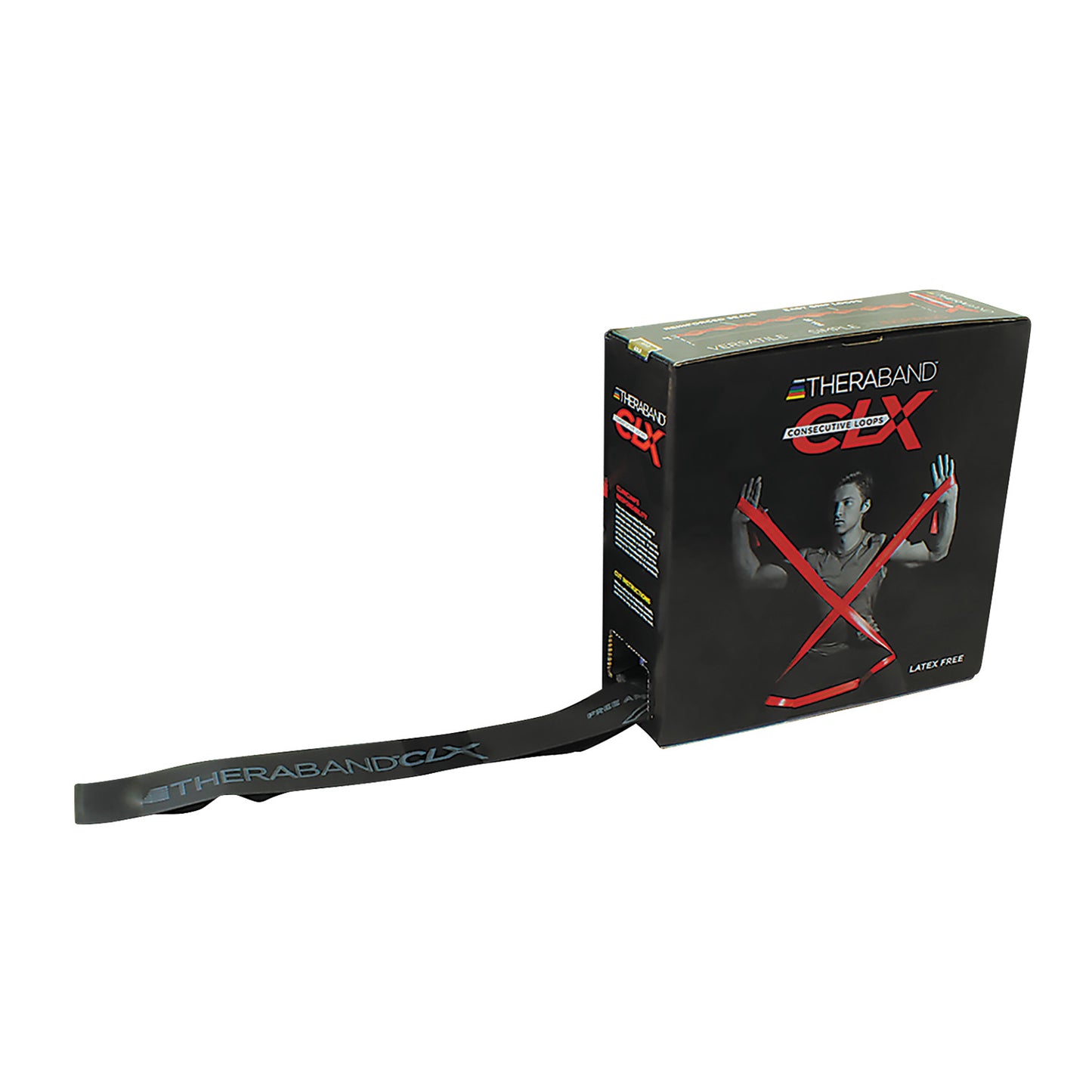 Box of THERABAND CLX Resistance Band with a band extending from it. The packaging features a person using the band.