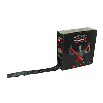 Box of THERABAND CLX Resistance Band with a band extending from it. The packaging features a person using the band.