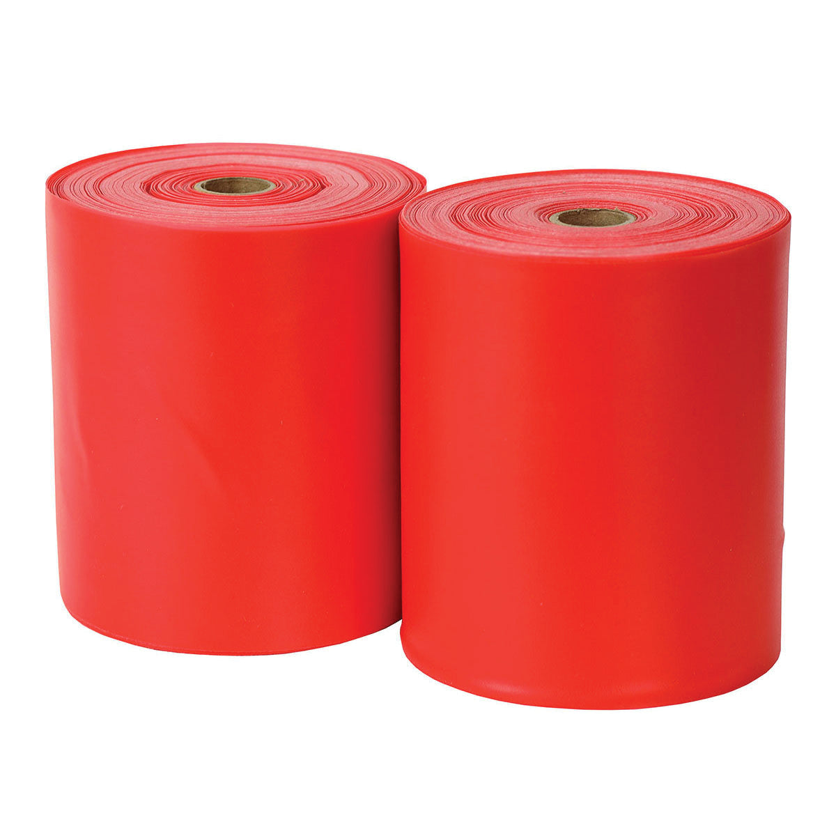 Two rolls of CanDo Sup-R Band Non-Latex Exercise Band in bright red.
