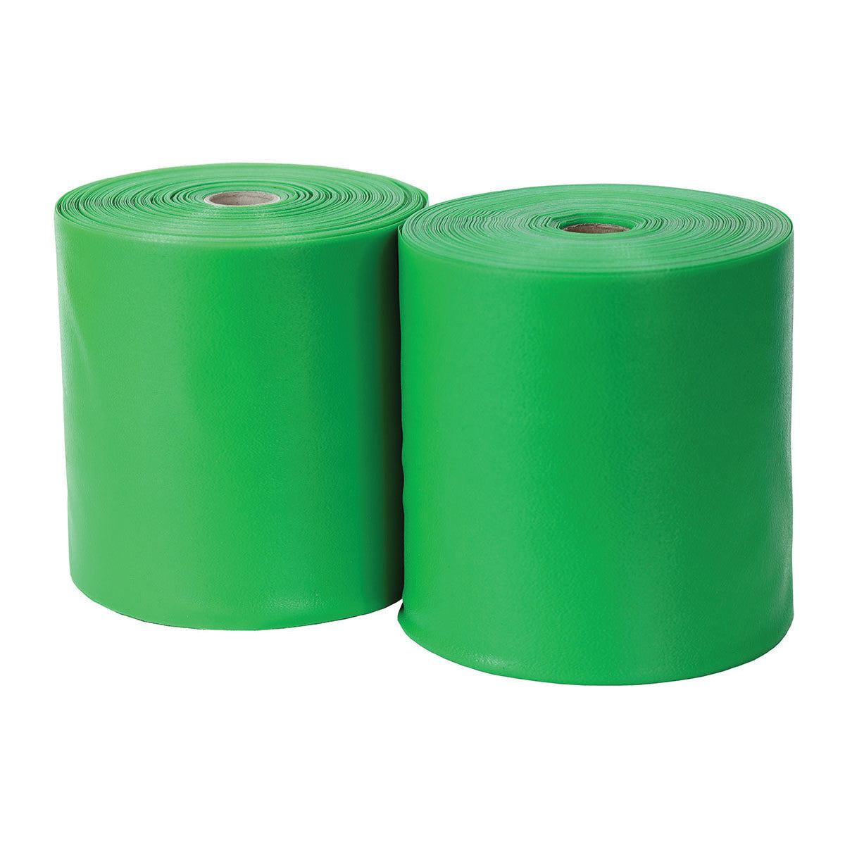 Two green rolls of CanDo Sup-R Band Non-Latex Exercise Band placed side by side.