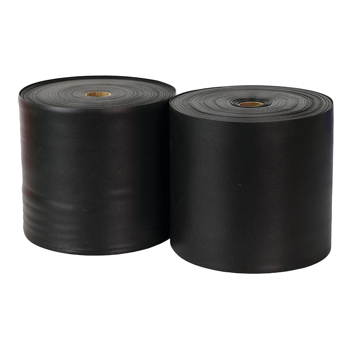 Two rolls of CanDo Sup-R Band Non-Latex Exercise Band in black, placed upright and side by side on a white background.