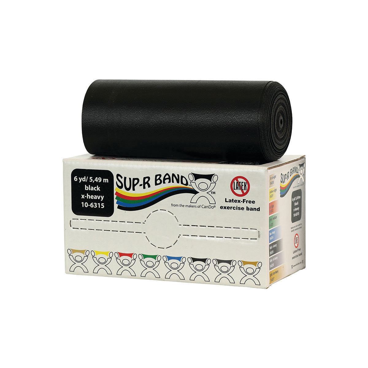 A black CanDo Sup-R Band Non-Latex Exercise Band is displayed on its packaging, labeled "6 yd/5.49 m, black, x-heavy."