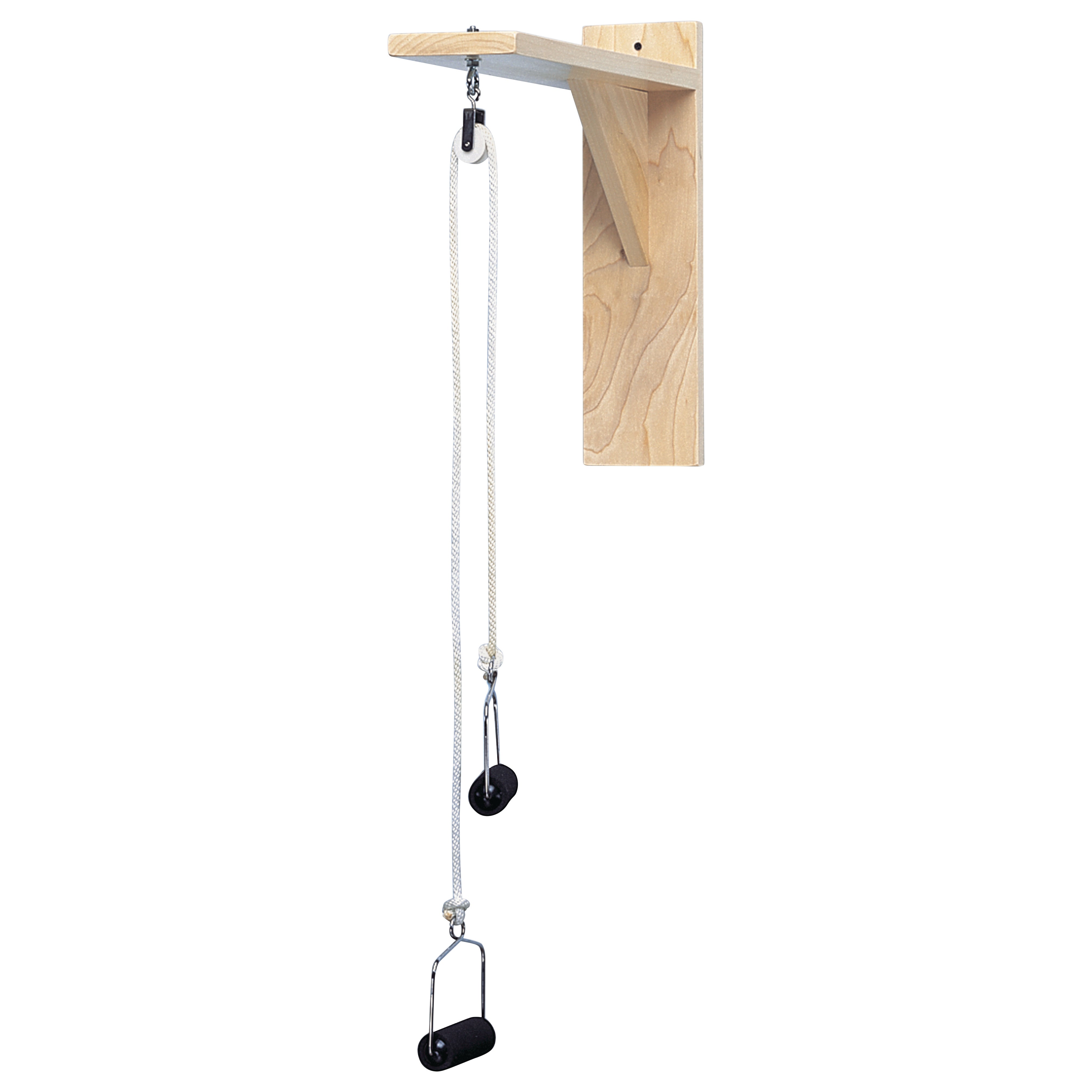 The Bailey Wall Pulley is mounted on a wooden bracket with a rope and two black handles for exercise or rehabilitation.