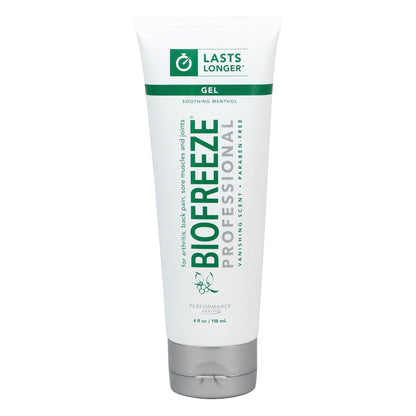 Tube of BIOFREEZE Professional Pain Relief Gel with "Lasts Longer" label, designed for arthritis and sore muscles, 4 fl oz size.