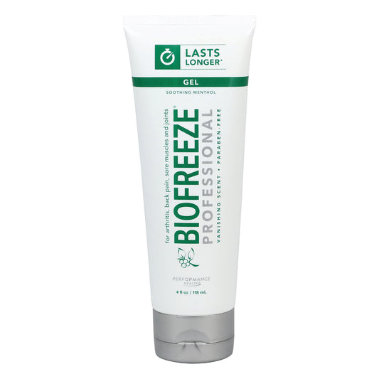 Tube of BIOFREEZE Professional Pain Relief Gel with "Lasts Longer" label, designed for arthritis and sore muscles, 4 fl oz size.