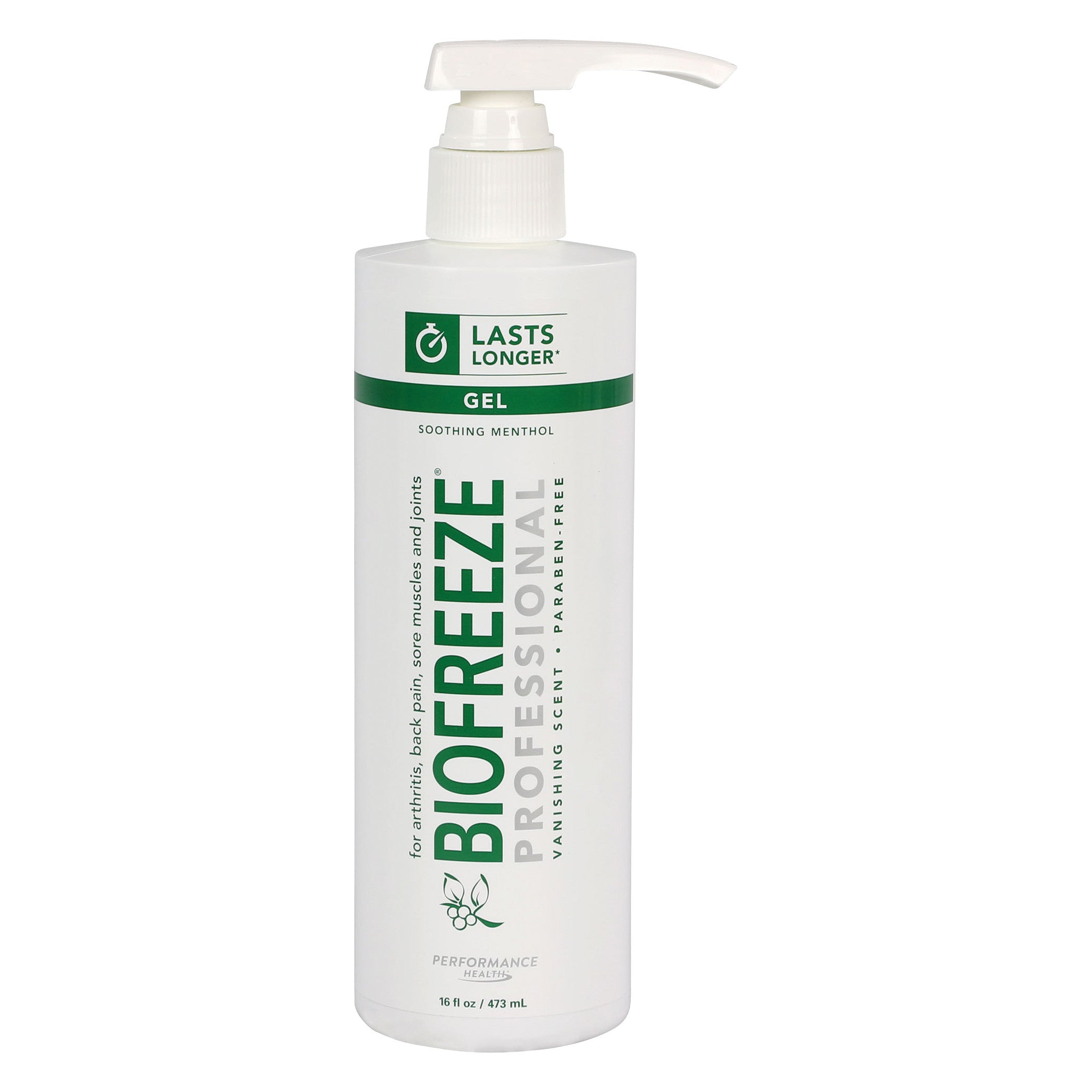 A bottle of BIOFREEZE Professional Pain Relief Gel with a pump, labeled for arthritis and sore muscles, 16 fl oz size.