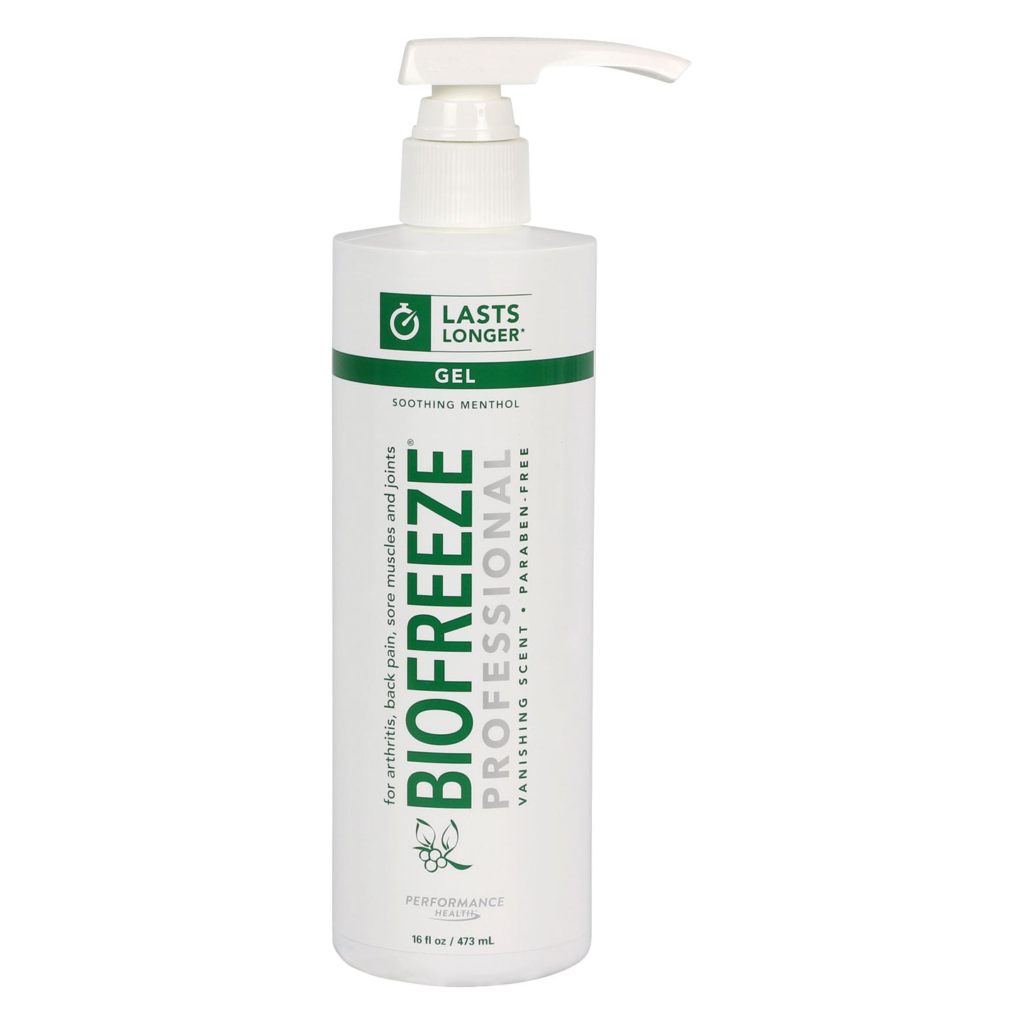 A bottle of BIOFREEZE Professional Pain Relief Gel with a pump, labeled for arthritis and sore muscles, 16 fl oz size.
