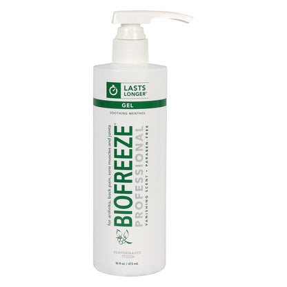 A bottle of BIOFREEZE Professional Pain Relief Gel with a pump, labeled for arthritis and sore muscles, 16 fl oz size.