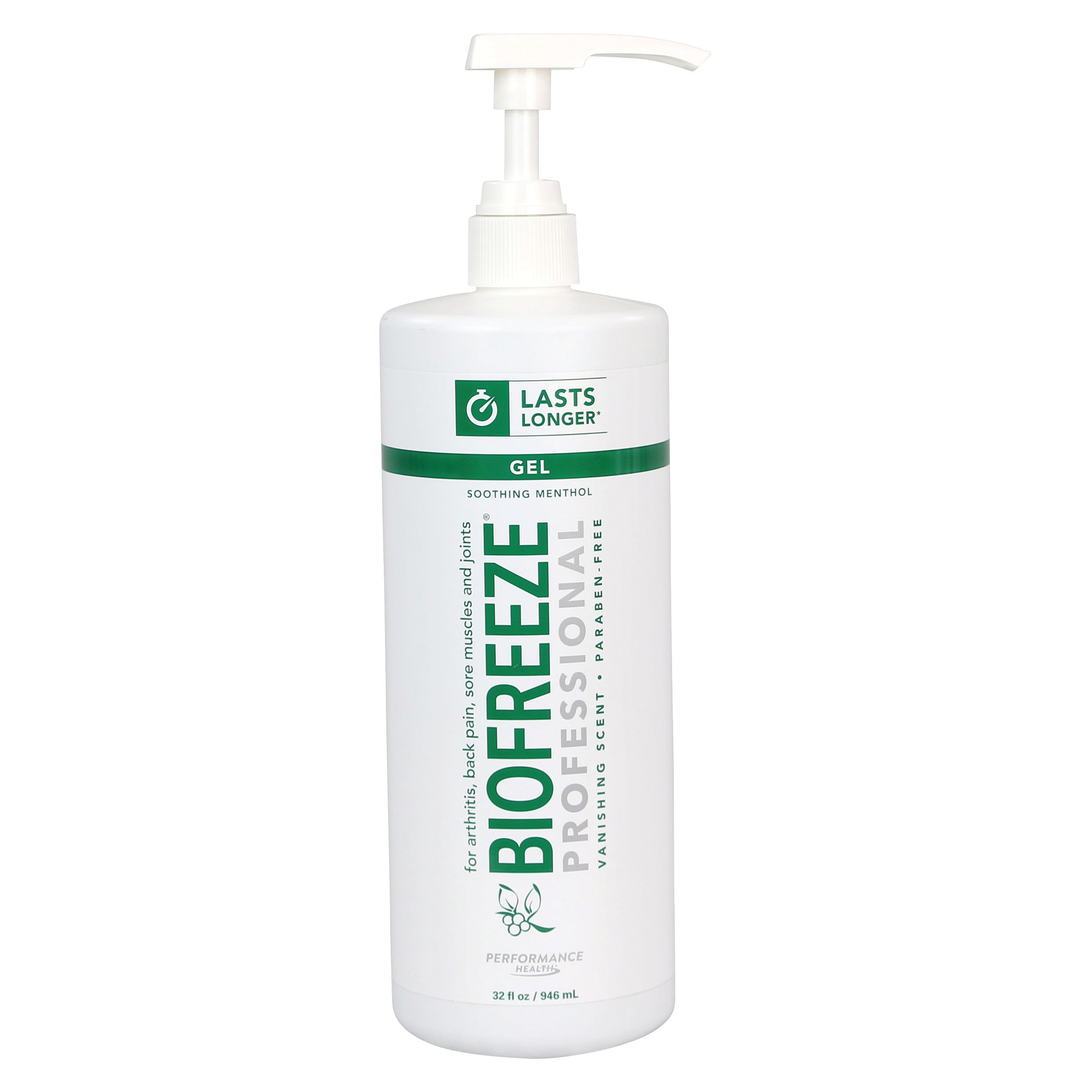 A bottle of BIOFREEZE Professional Pain Relief Gel with a pump top. It contains 32 oz (946 mL) and features "soothing menthol."