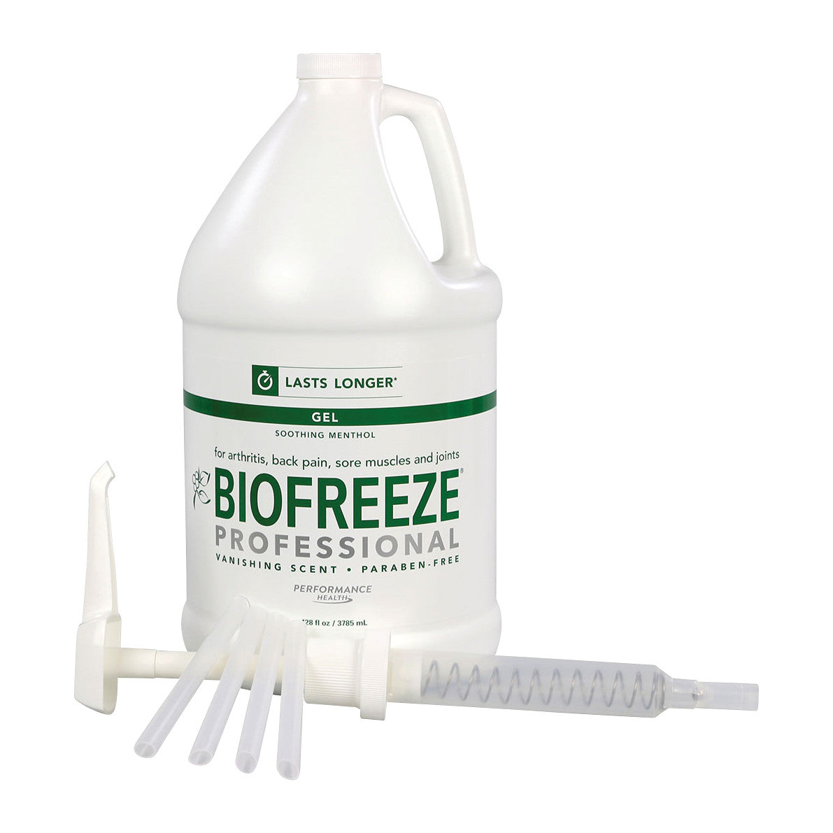 Container of BIOFREEZE Professional Pain Relief Gel with a pump attachment, labeled for arthritis and sore muscles, 1-gallon size.