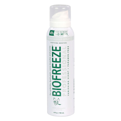 BIOFREEZE Professional Pain Relief Spray, 4 fl oz, with "Easy-to-Reach No Mess" and "Soothing Menthol" labels, in a white can.