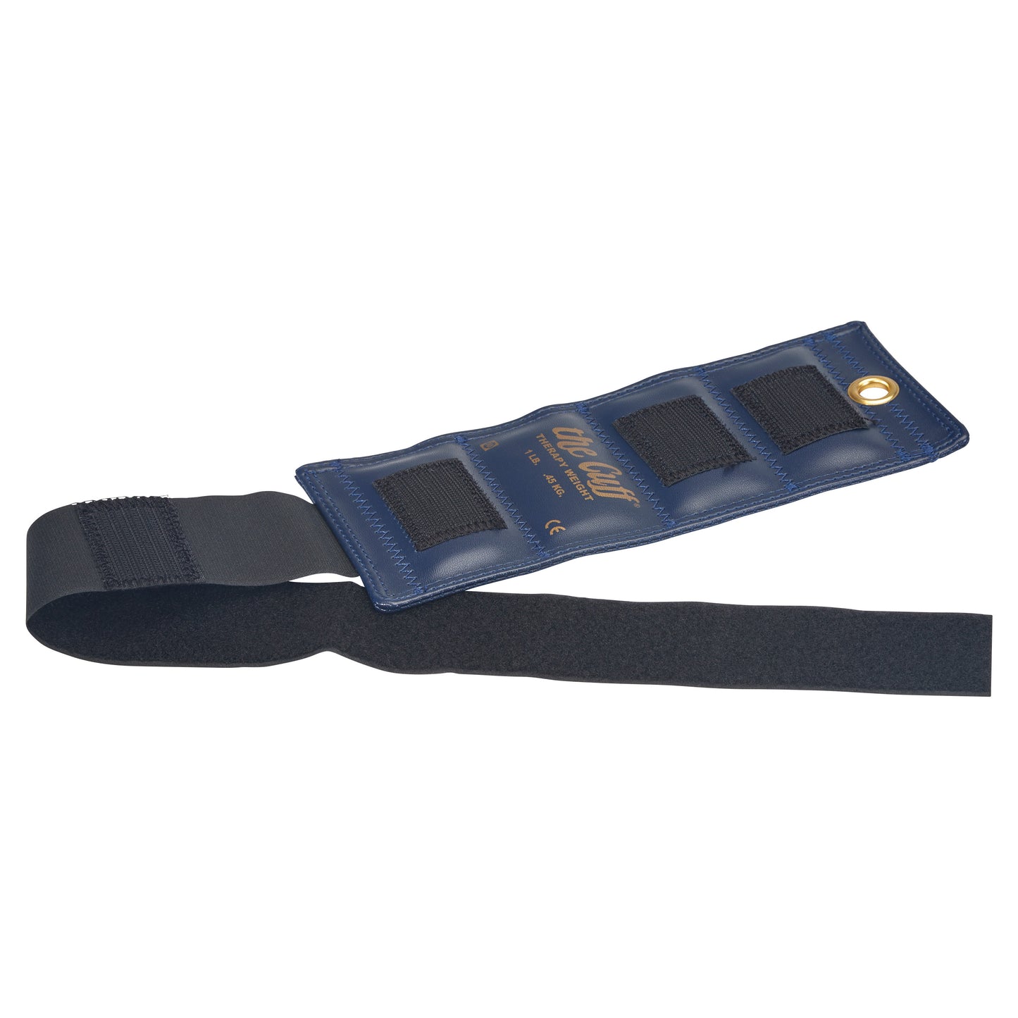 A blue AliMed Color-Coded Cuff Weight with straps and a metal grommet, used for strength training and rehabilitation.