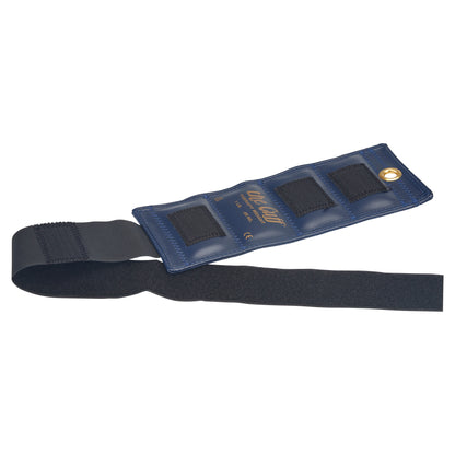 A blue AliMed Color-Coded Cuff Weight with straps and a metal grommet, used for strength training and rehabilitation.