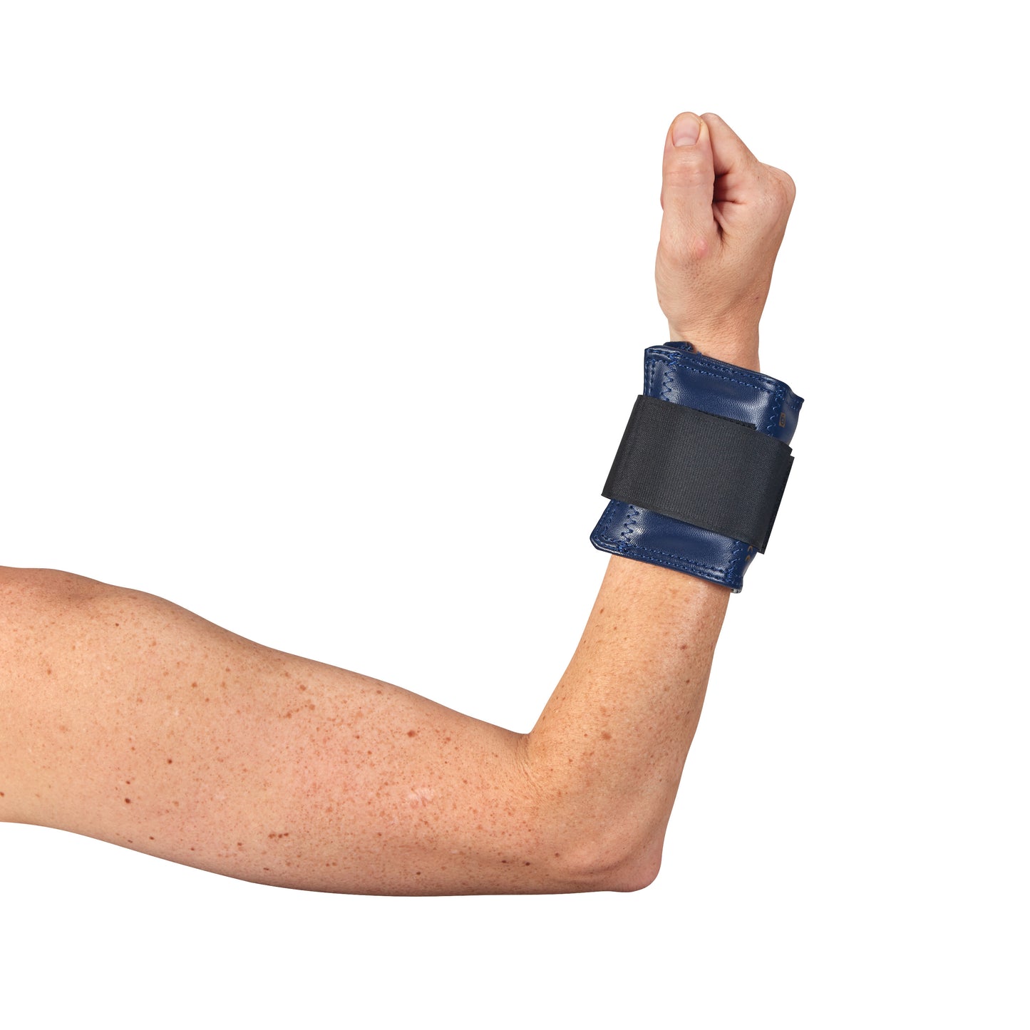An arm with a flexed elbow wearing a blue AliMed Color-Coded Cuff Weight, secured with a black strap.