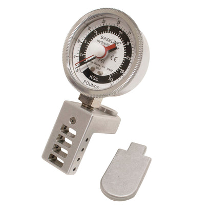 Baseline Hydraulic 5-Level Pinch Gauge Clinical Model, displaying readings in pounds and kilograms, with a detachable metal part.