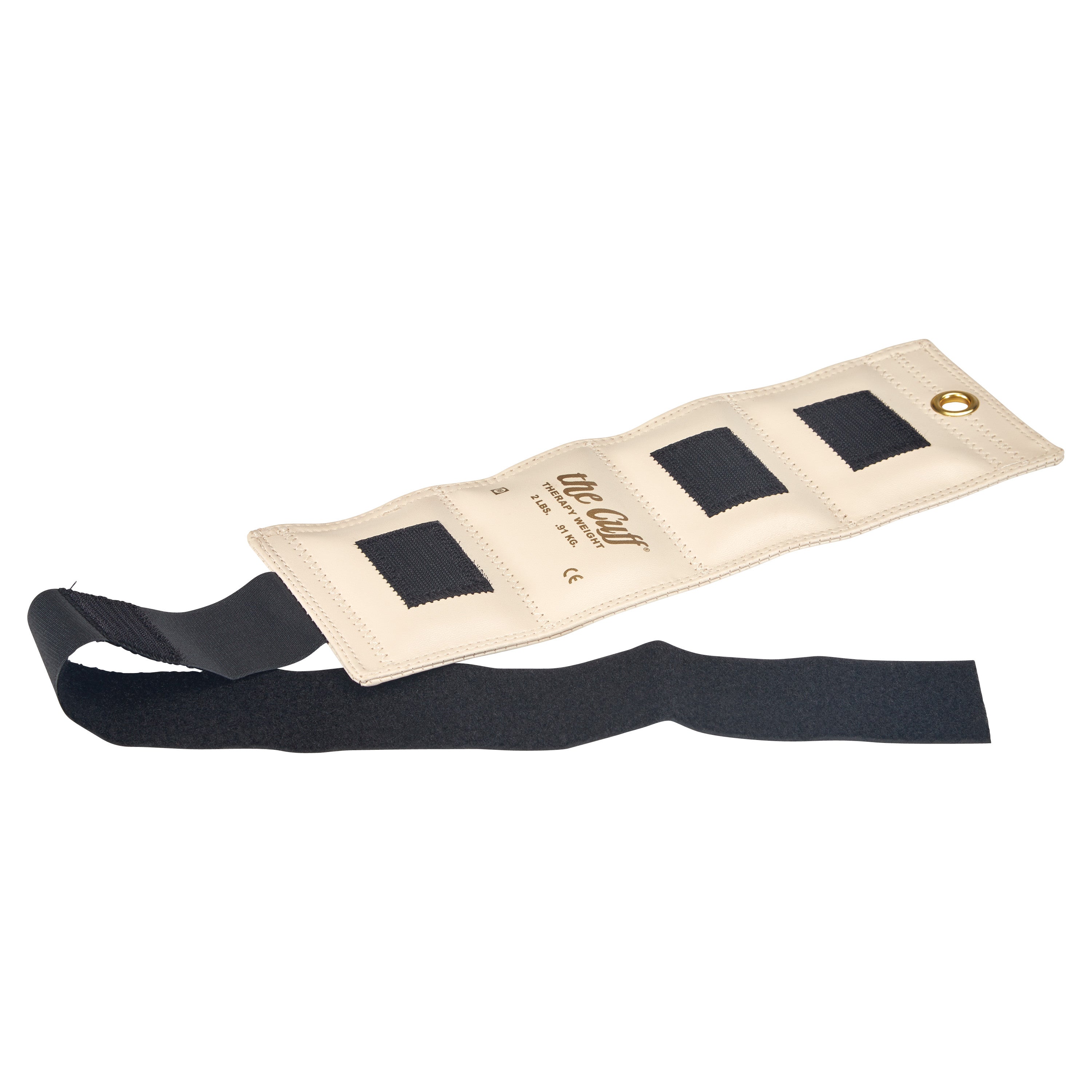 A beige AliMed Color-Coded Cuff Weight with black straps and rectangular weights, featuring a metal grommet on one end.