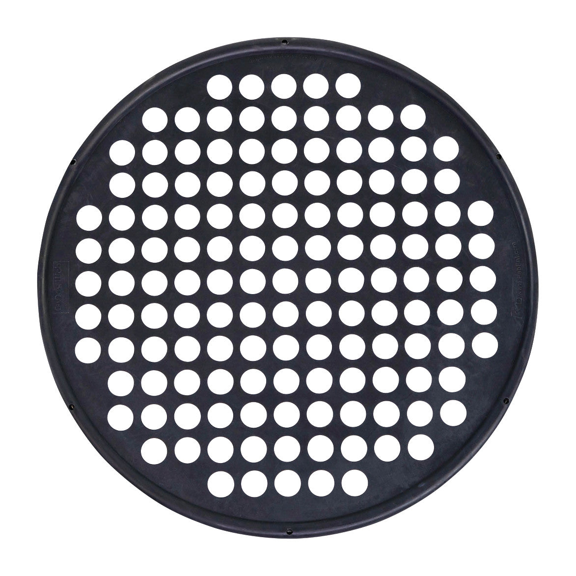 Round black CanDo Hand Exercise Web with evenly spaced circular holes for hand and finger exercises.