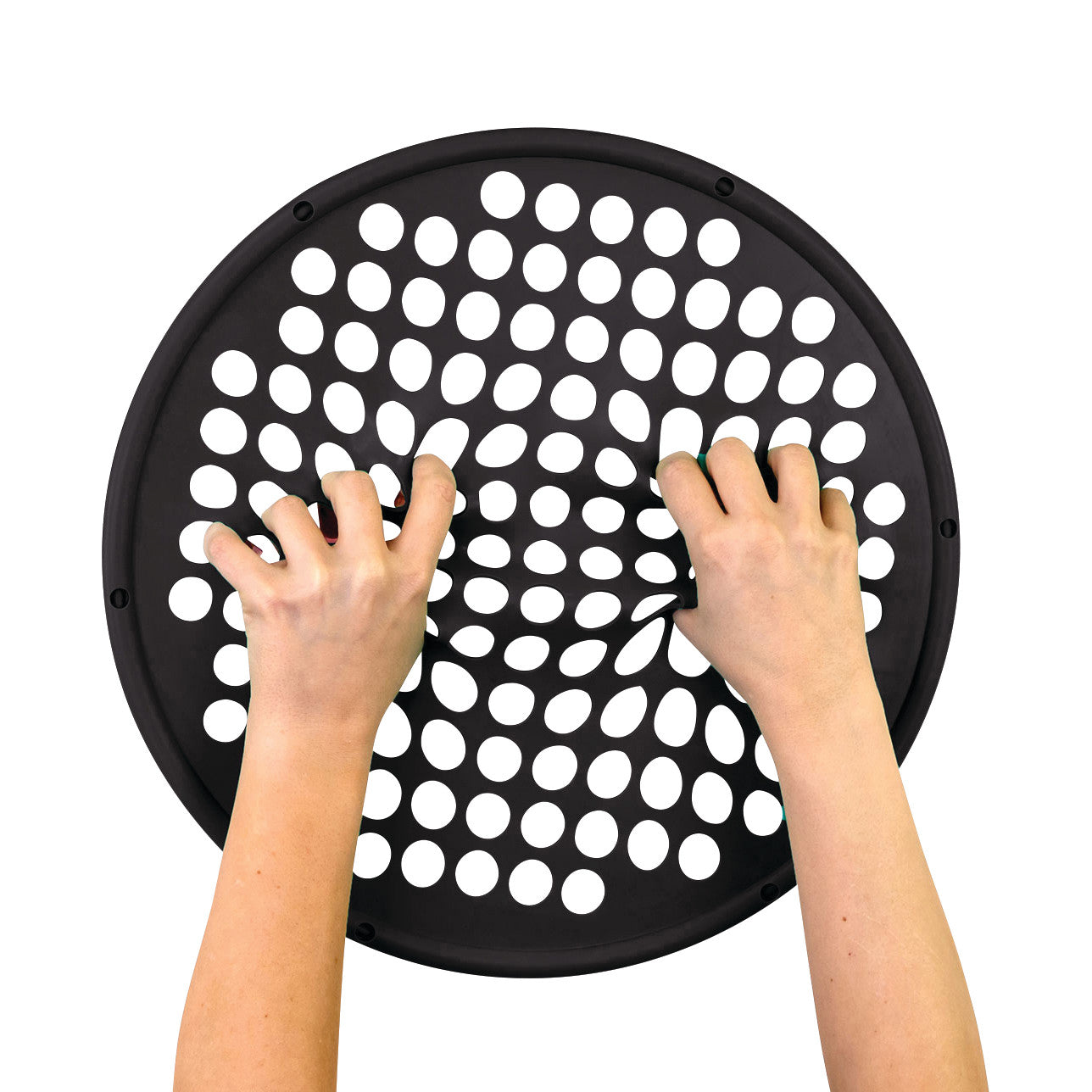 Two hands use a black CanDo Hand Exercise Web with oval holes, designed for hand and finger strengthening exercises.