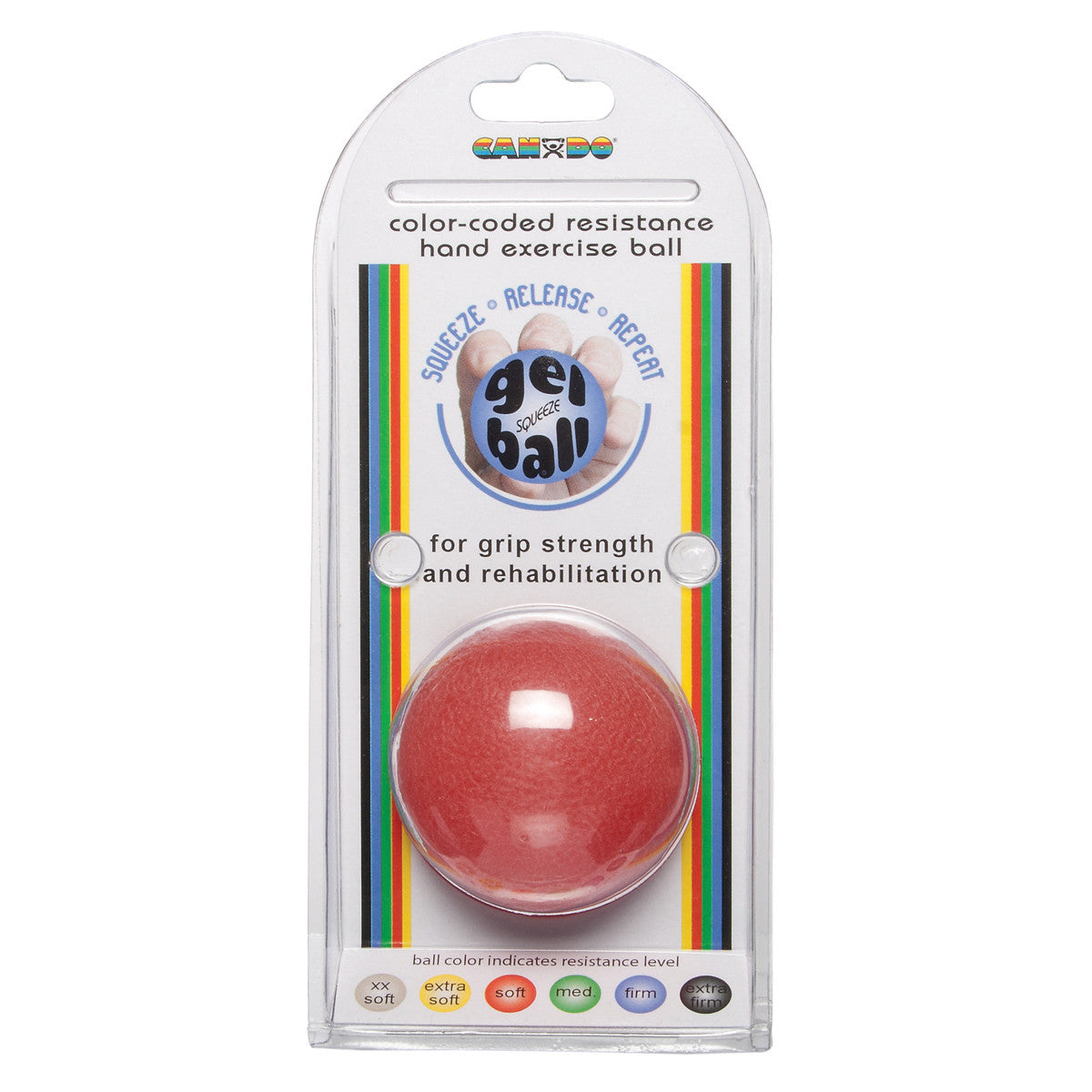 Packaging for the CanDo Gel Squeeze Ball in red, featuring color-coded resistance levels for grip strength and rehabilitation.