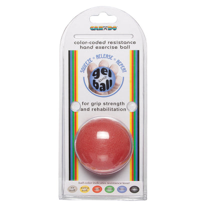 Packaging for the CanDo Gel Squeeze Ball in red, featuring color-coded resistance levels for grip strength and rehabilitation.